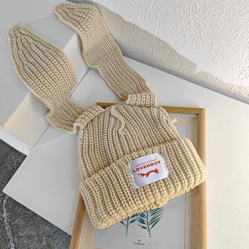 Beanie Long Ear Hat Crochet Knitted Hat Cute Bunny Hat Rabbit Ears Hats For Women Winter Warm Hats Warm Caps