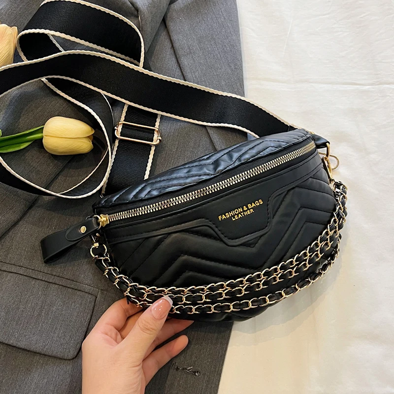 Chain Waist Bag For Women Fashion Fanny Pack Pu Leather Belt Bag  Black Female Crossbody Chest Bag Phone Purse Banana Hip Bag