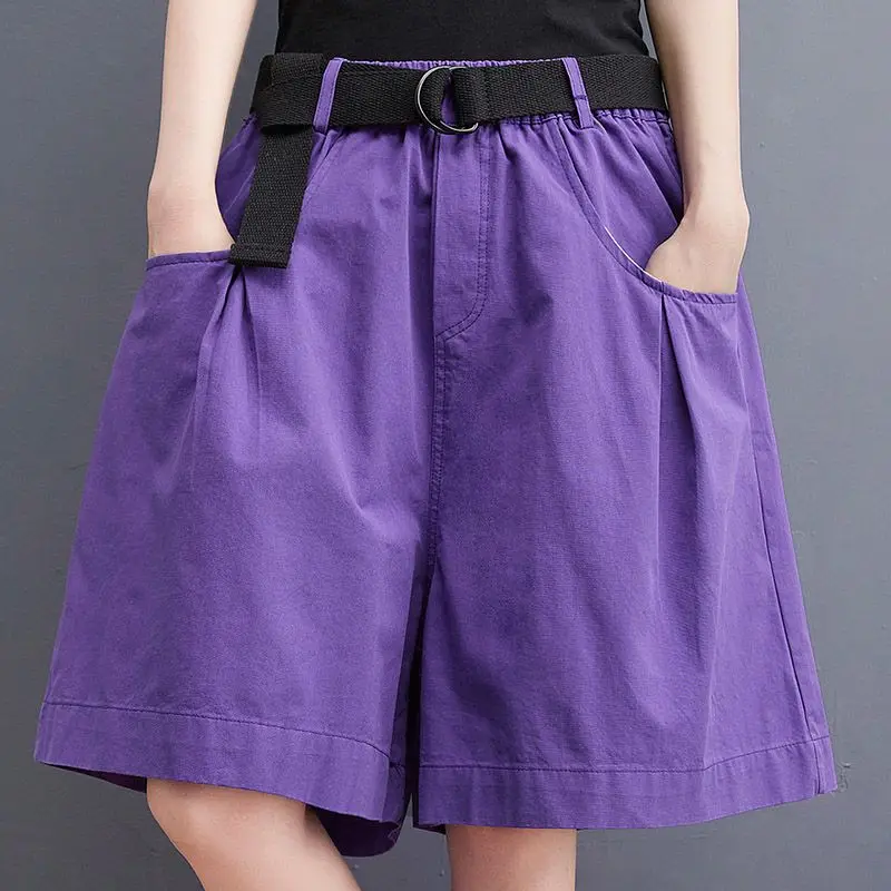 Plus Size Loose Shorts Summer New Elastic Waist Solid Pockets Patchwork Thin Wide Leg Pants Street Casual Fashion Women Clothing