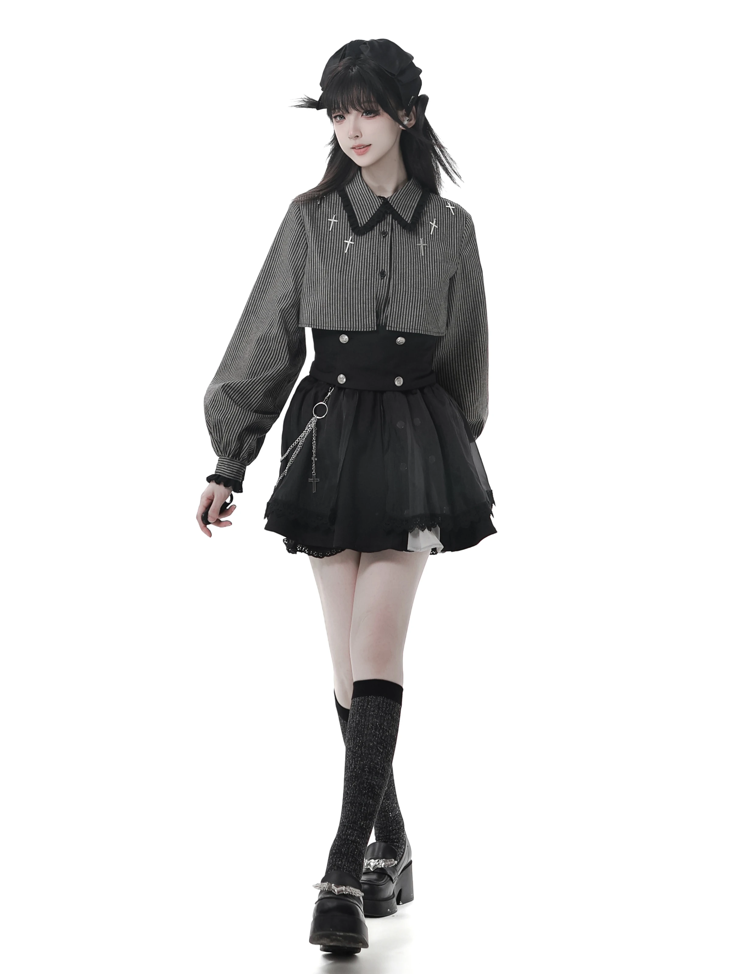 Striped Gothic Shirt and Tie Japanese Polo Collar Lantern Long Sleeve Single-Breasted Top Asymmetric Long Skirt Pants Women