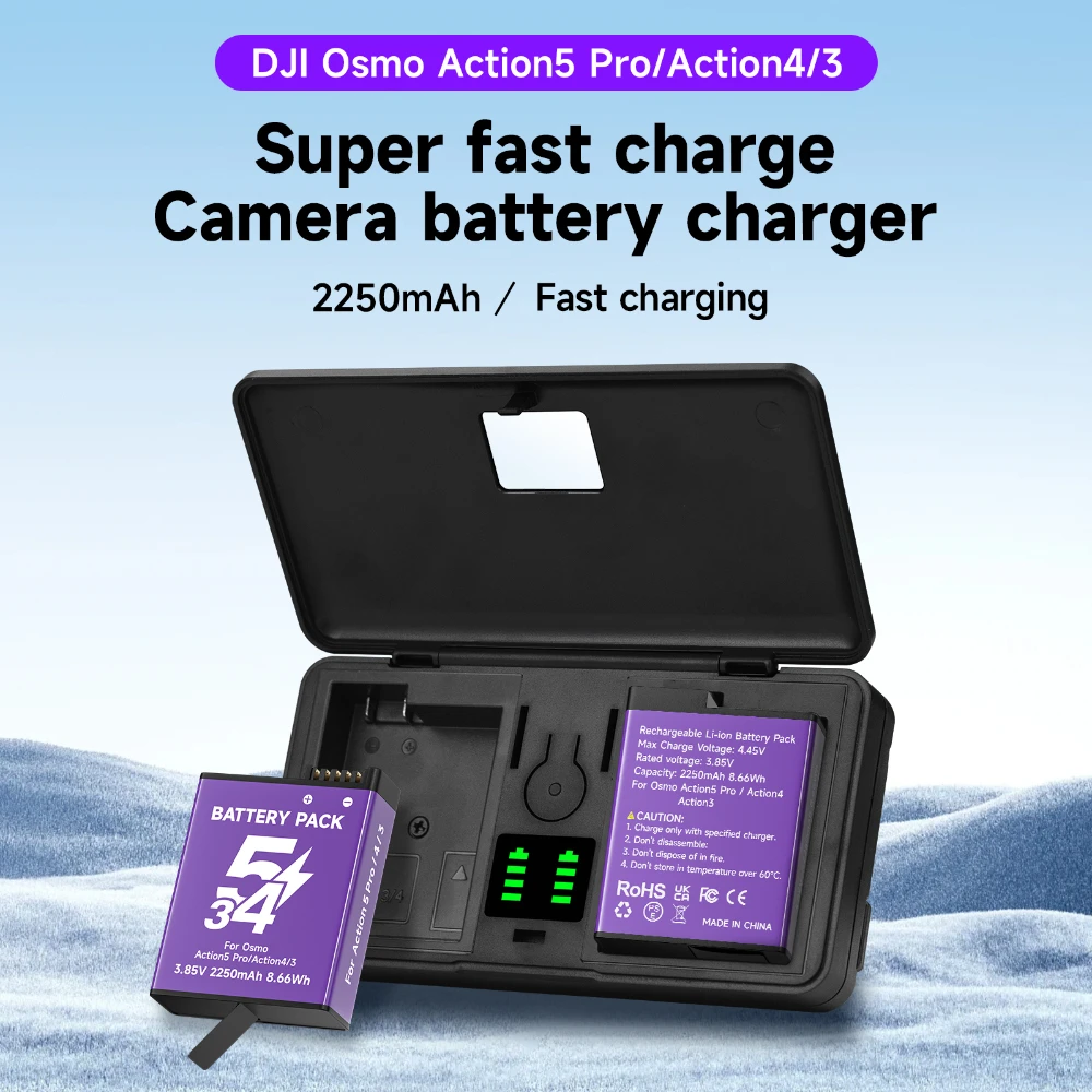 For DJI Osmo Action 5 Pro Battery Pack 2250mAh Action 4 Camera Batteries and 2 Slots LCD Charger Type C USB Action 3 Bateria Kit