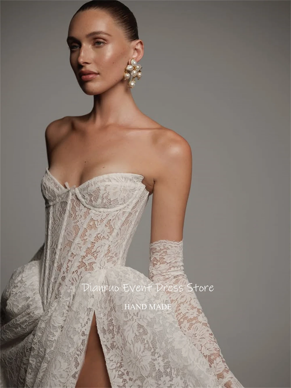Dianruo Timeless Sweetheart Wedding Dress Lace Delicate Vestido De Noiva Appliques High Slit Bridal Robes De Mariée Customized