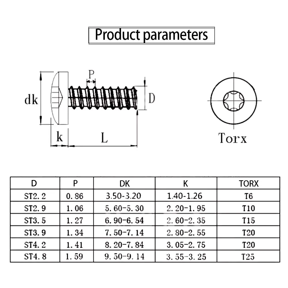 10-50pcs Torx Pan Head Tapping Screw for Plastic M2 M2.3 M2.6 M3 M3.5 M4 M5 Stainless Steel Round Six Lobe Self Tapping Screw