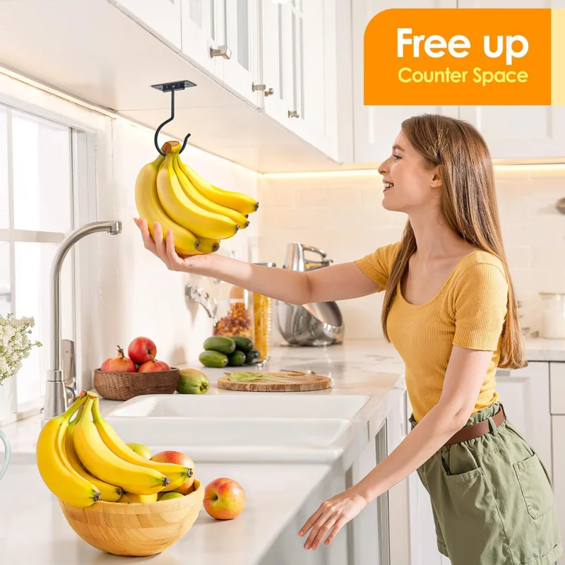 1-2PCS Self-adhesive Banana Hook, Foldable Banana Hanger Under Cabinet, Black Metal Banana Hook Under Counter, Can Keep the Bana image 3