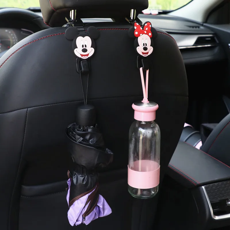 Disney Anime Mickey Mouse Car Seat Back Hook Ornaments Cartoon Cute Minnie Auto Headrest Storage Holder Hanging Bag Accessories