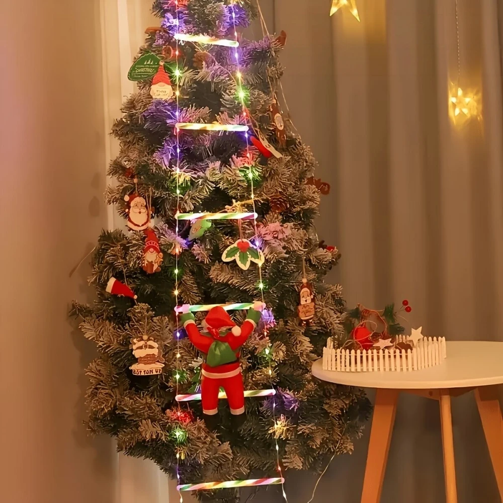 Christmas Ladder Lights with Climbing Santa Claus USB 8 Modes Remote Control LED Lights Indoor Wall Xmas Tree Party Decorations