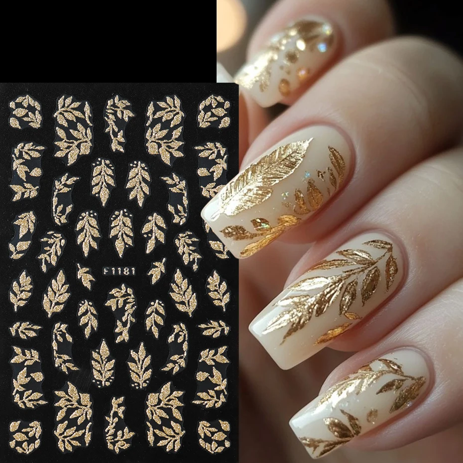 2 pcs 3D Autumn Champagne Golden Leaves Nail Stickers Glitter Golden Leaves Adhesive Sliders for Nails Deep Fall Manicure Decor