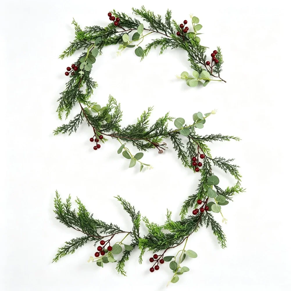 78.7 Inch Artificial Christmas Garland With Red Berries And Eucalyptus Flexible Pine Vine For Home Fireplace Mantel Holiday Deco