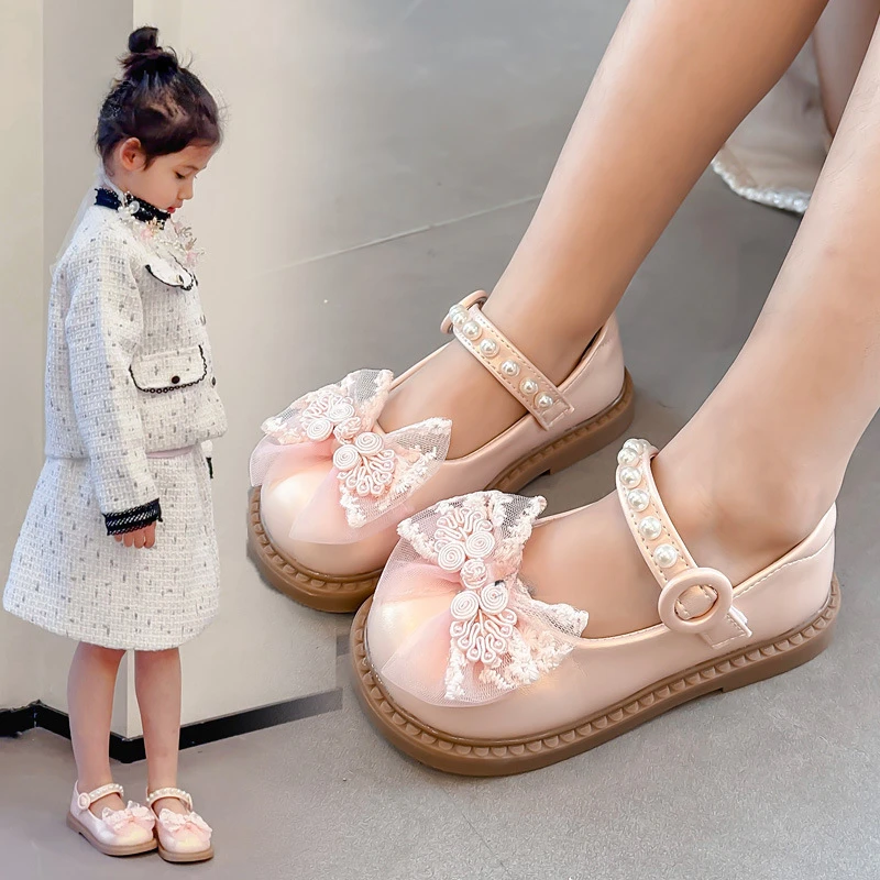 Girls' Princess Shoes 2024 Spring Autumn New Bow Children's Non-slip Soft-soled Beaded PU Leather Loafer Size 23-34