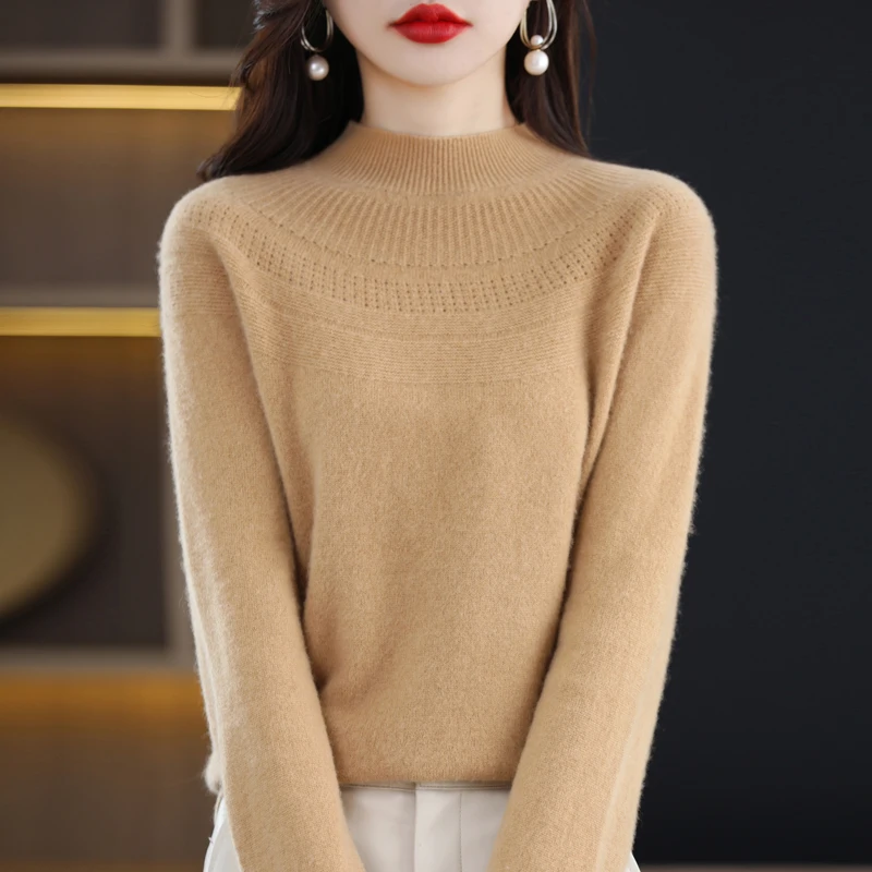 Autumn Winter 100% Wool Sweater Women Elegent Half High Collar Sweater Hollow Out Long Sleeve Top Fashion Knit Female Pullover