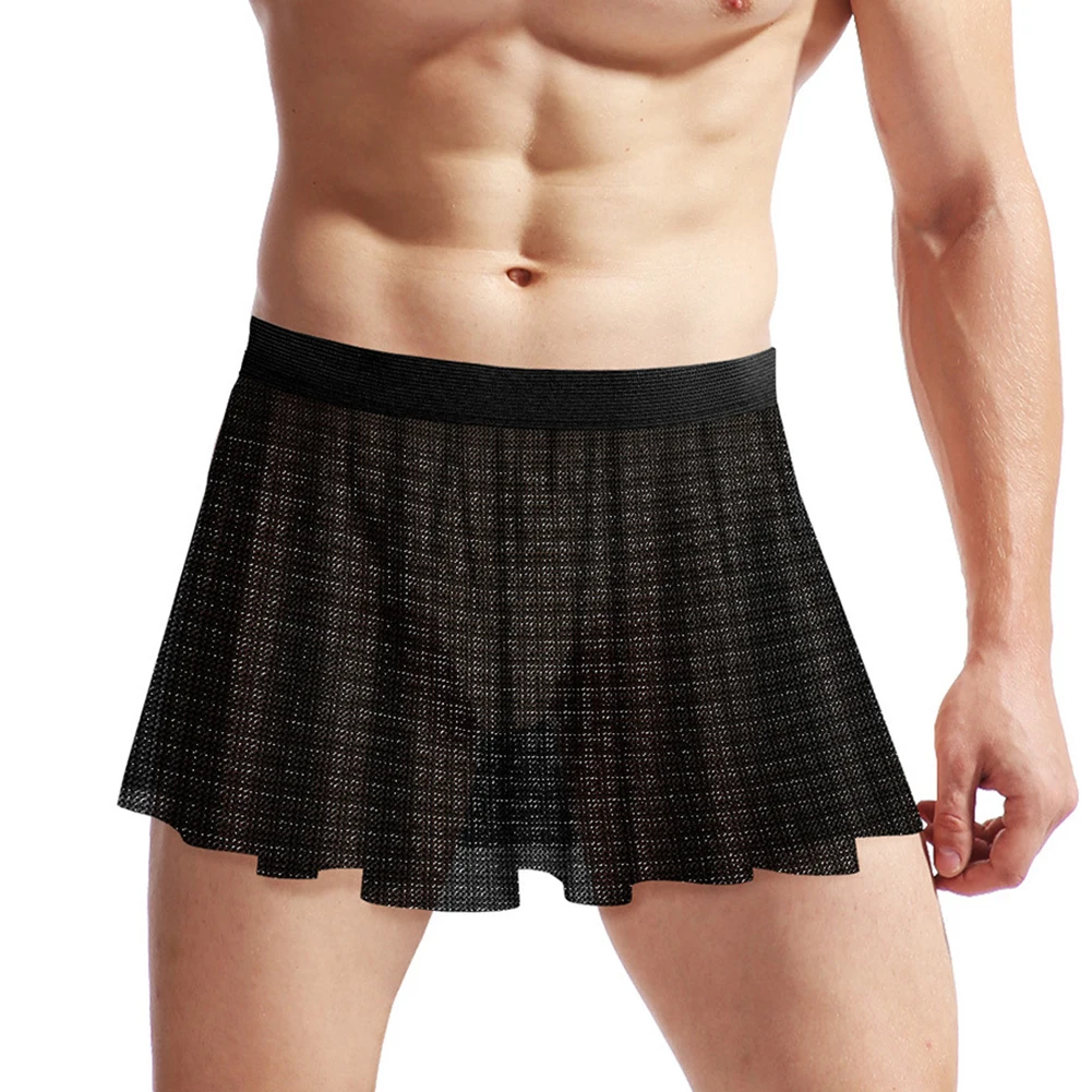 

Men Underwear Thong Black Brief Low Waist Mesh Panties Polyester Sexy Short Skirt Solid 1pc Underwear Lingerie