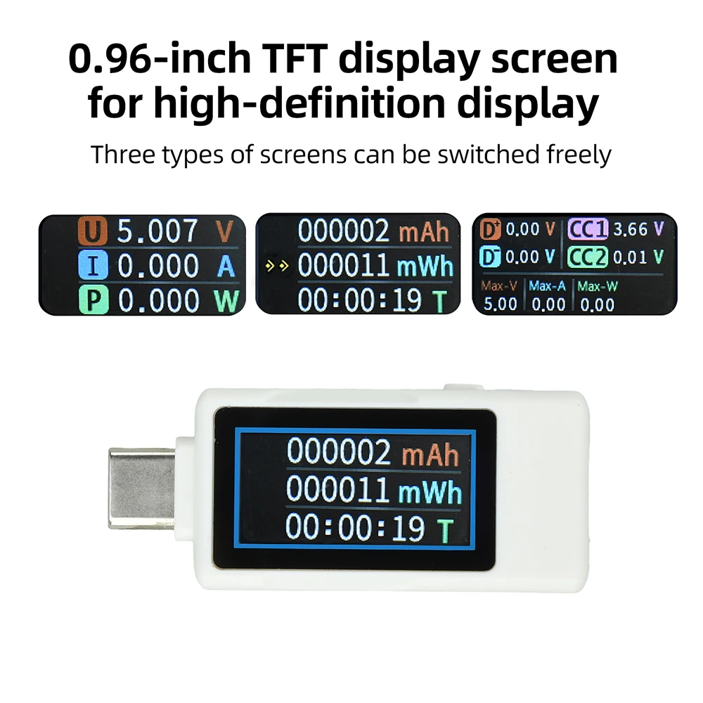 Mini Multi-function Dual Type-C Tester 12A Maximum Bidirectional Current Measuring Function DC 4-30V Voltage Ammeter Power Meter