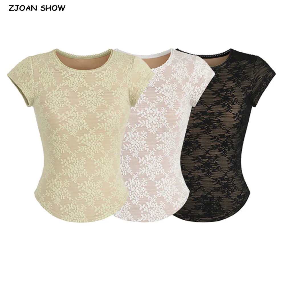3 colors Retro Hollow Out Crotch Floral Lace O neck Short Sleeve T-shirt Women Summer All Match Slim Waist Tank Tops Crop Tee
