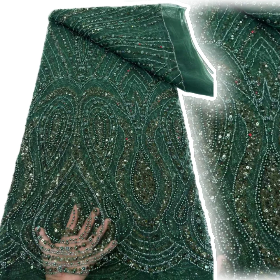 

5 лет кружевная ткань с жженто-зеленым бисером, роскошная кружевная ткань высокого качества, фиолетовое золото 2025 года, кружевная ткань с блестками для шитья AH1485