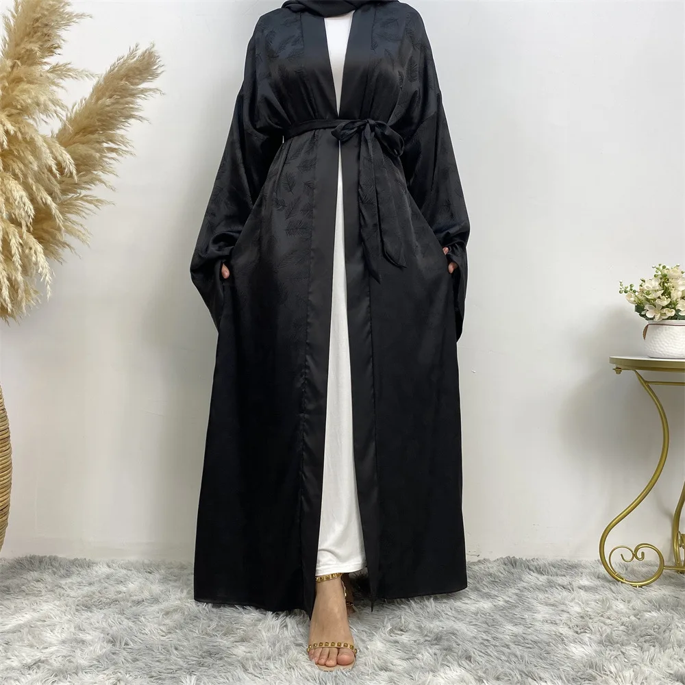 

Dubai Faion k Pattern Embroidered Satin Open Cardigan Robe Long Ankle-Length Long Sve Women's Middle East Coat