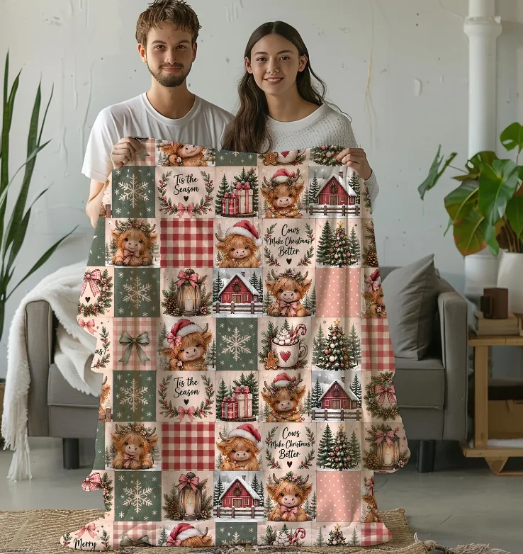 Highland Cow Christmas Blanket Farmhouse Christmas Throw, Christmas Cow Blanket Rustic Holiday Blanket Cozy Winter Gift