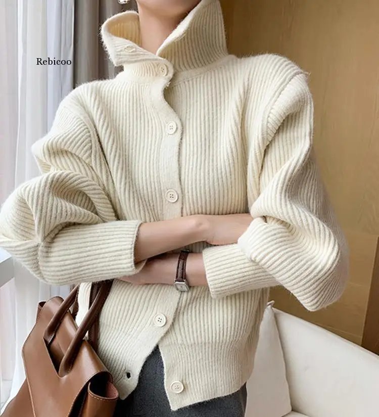 

2021 Autumn Winter Turn-down Collar Cardigans Single Breasted Casual All-match Tops Loose Knitted Sweaters Women Elegant Lady