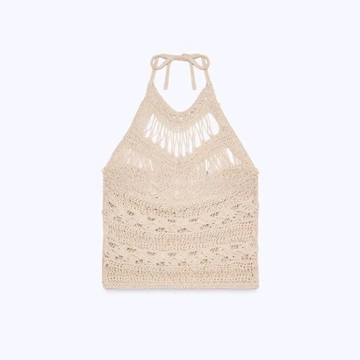 夏の女性のニットショートトップネクタイデザイン中空吊り襟バックレスカジュアルトップポリエステル繊維 00%