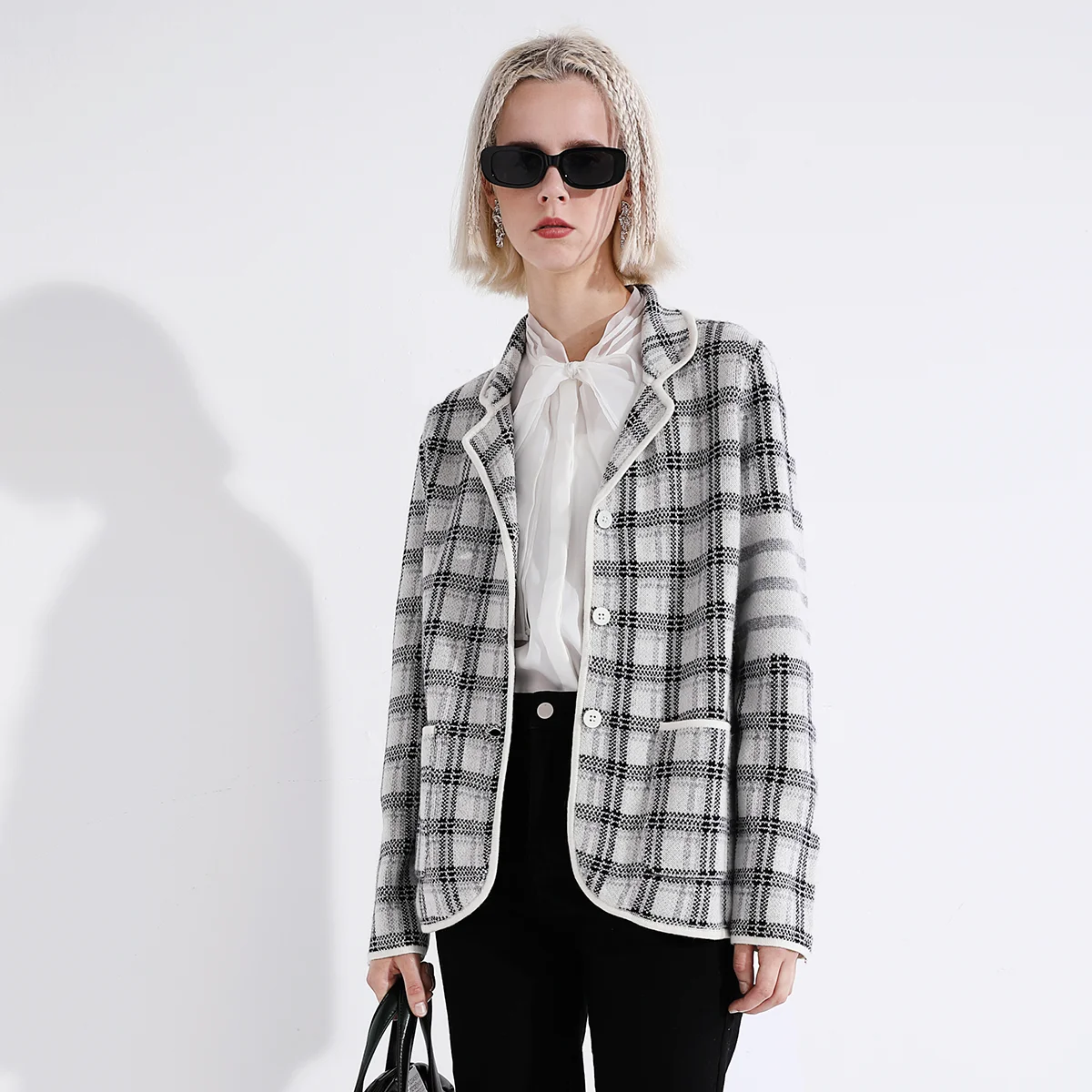 Z557 50% cashmere 50% merino wool long-sleeved plaid blazer luxurious womens Clothing