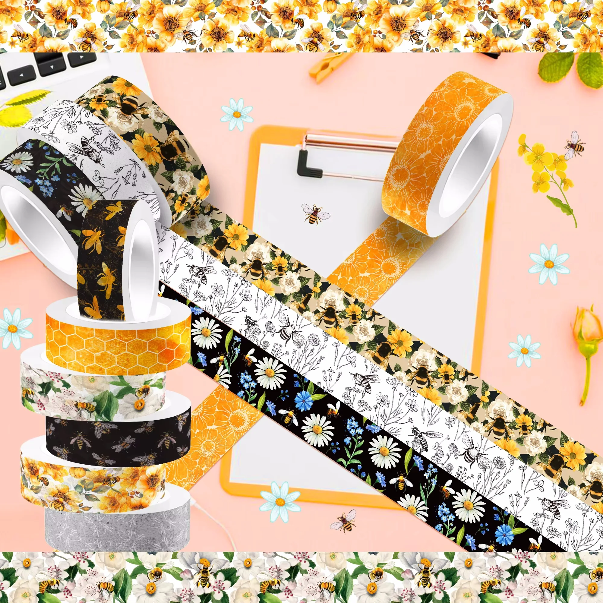 12 Rolls Flower Daisy Bee Masking Tape DIY Handbook Material Sticker Washi Tape Scrapbooking Birthday Gift Supplies