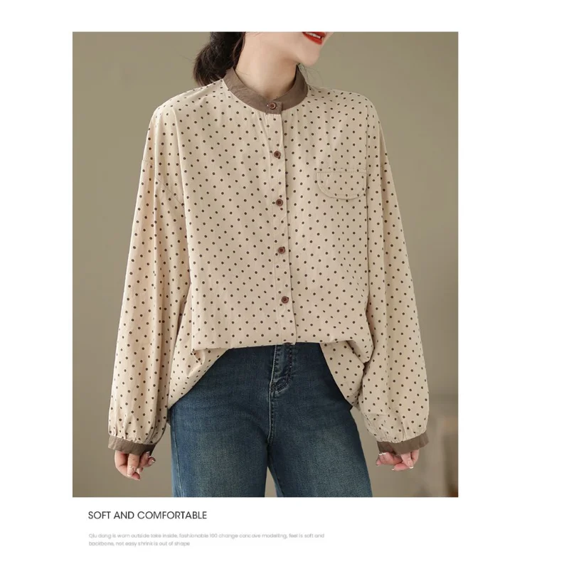 Fashion New Contrasting Color Harajuku Style Loose Pocket Polka Dot Cotton Stand Collar Long Sleeve Shirt for Women