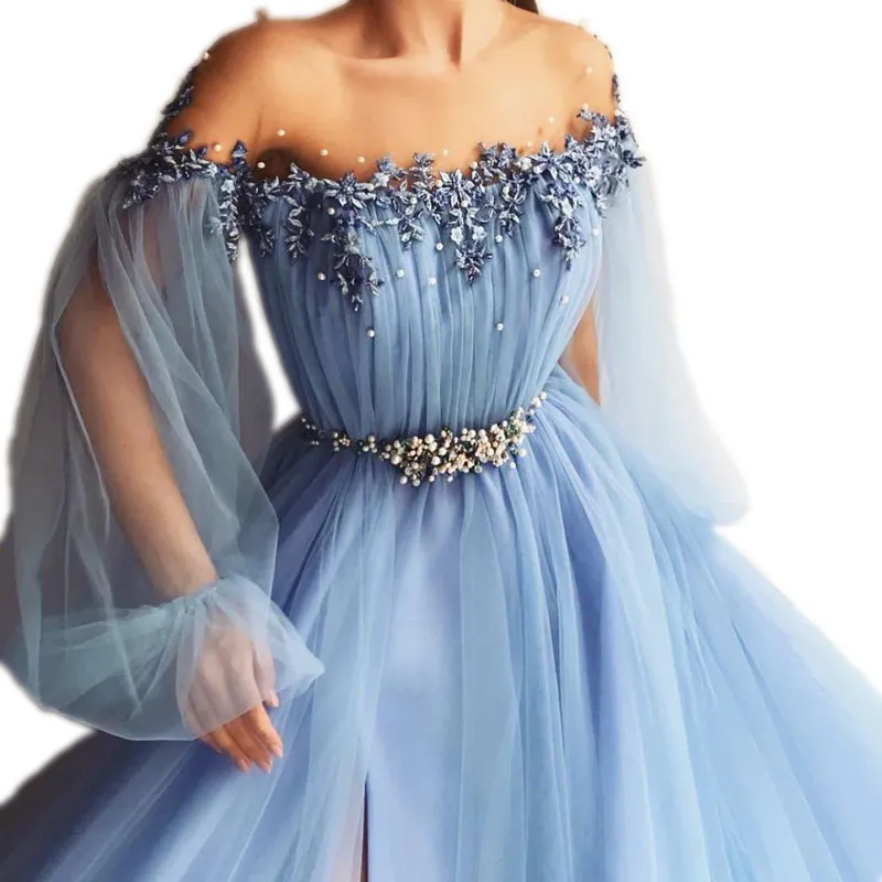 

Fairy Sky Blue Prom Dresses Appliques Pearl A Line Sheer Jewel Neck Puff Long Sleeves Front Split Plus Size Formal Evening Gowns