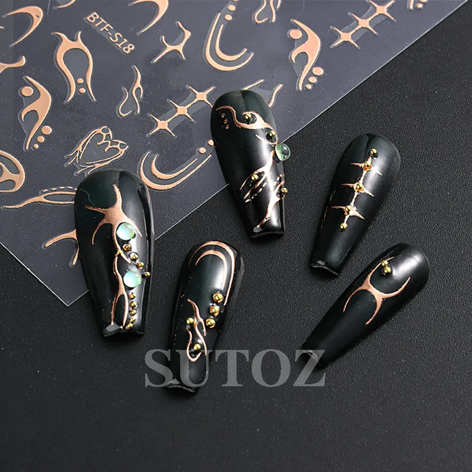 3D Fire Flame Nail Stickers Gilded Rose Line Metal Irregular Laser Fishbone Line DIY Designer Luxury Nail Art Decoration BTF-S18