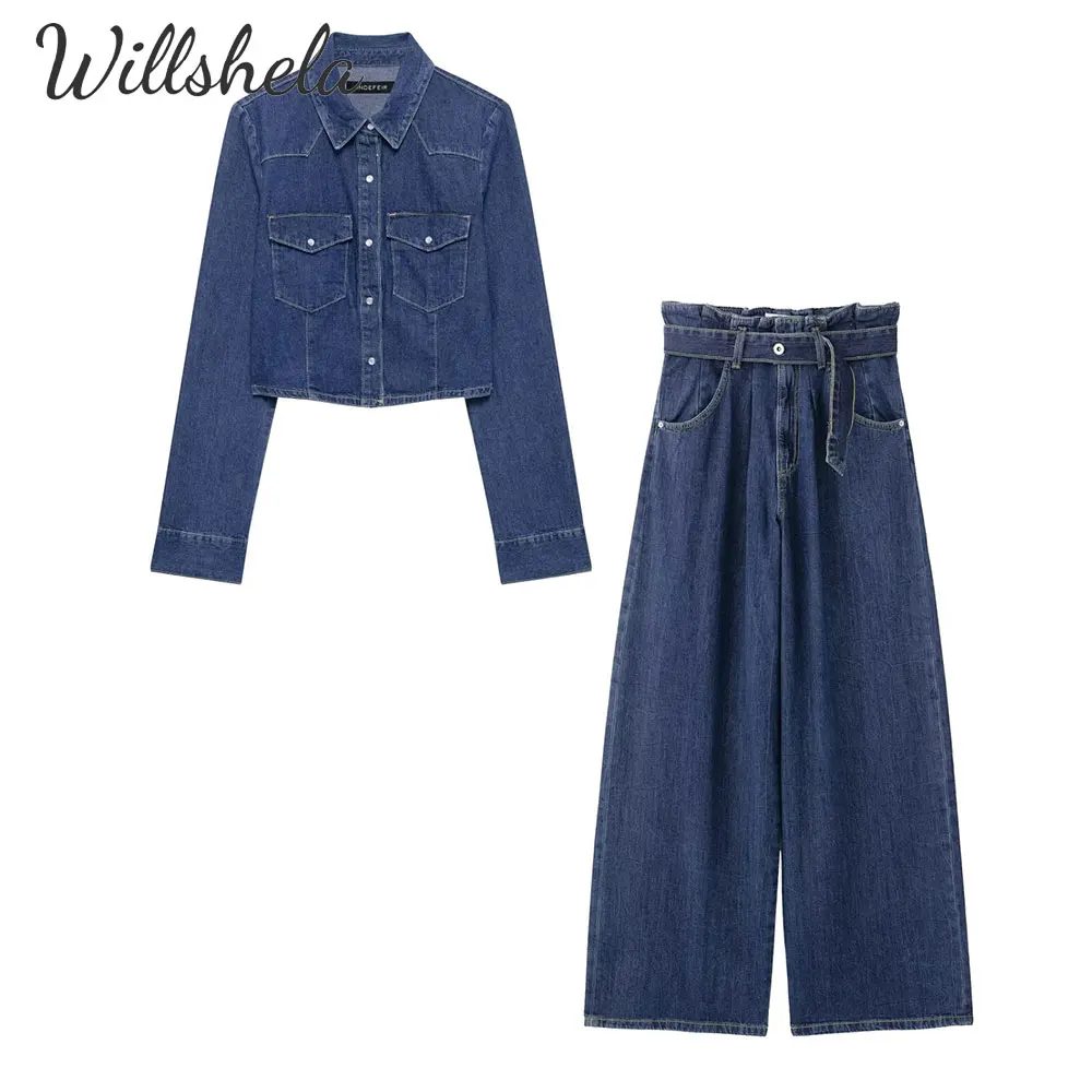 

Willshela Women Fashion 2 Pieces Sets Cropped Jacket and Paper Bag Wide Leg Pant Female Chic Casual Mujer Trousers Coordinates