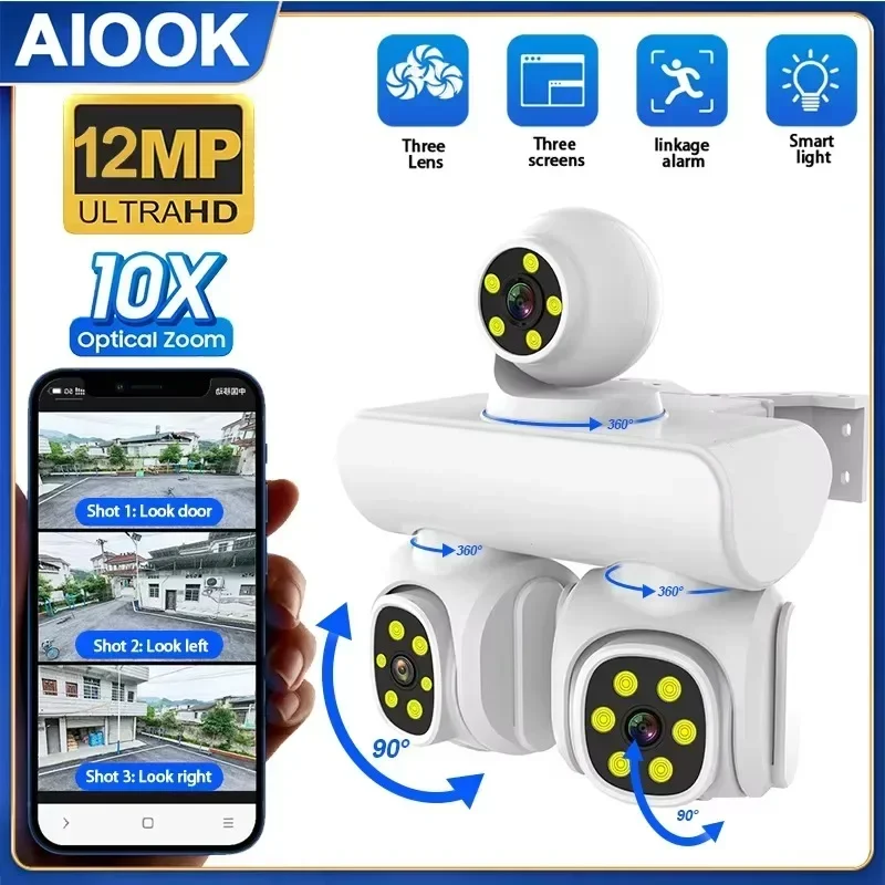 AIOOK HD 12MP 4K 10X ZOOM WIFI Security Camera 3 Lens PTZ IP CCTV Outdoor Waterproof Two Way Intercom Motion Track Smart Camera