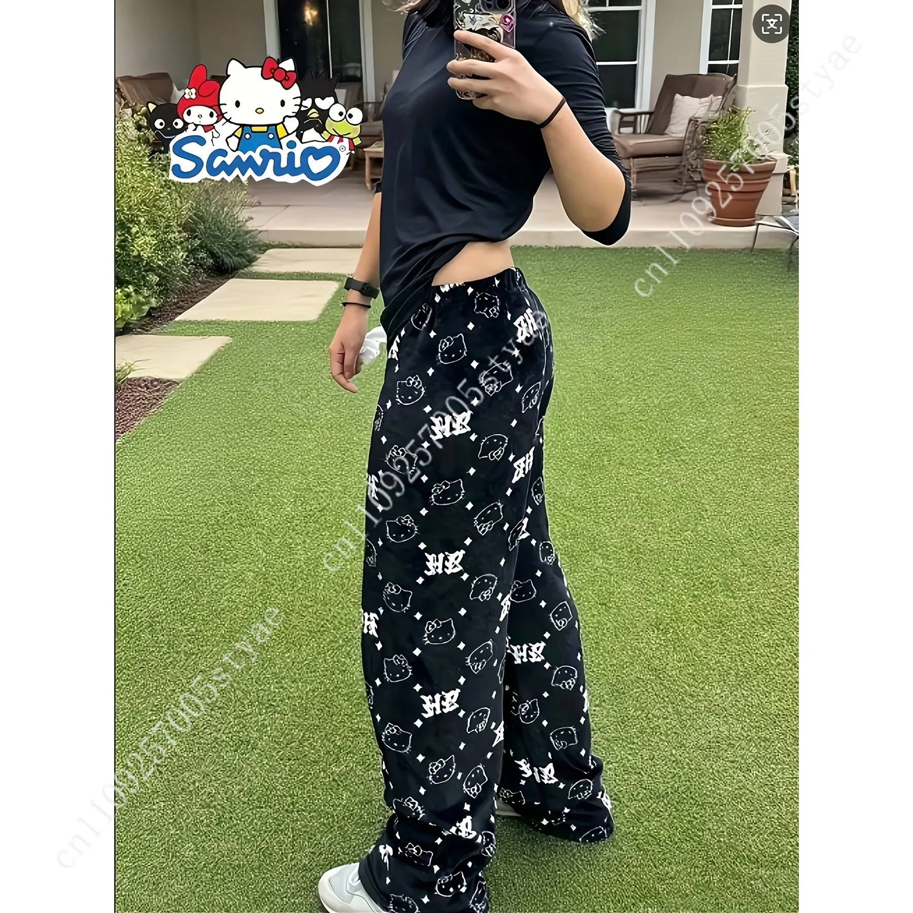 Hello Kitty Licensed Women'S Plus Size Flannel Sleep Pant Fleece-Lined Thick Elastic Waistband Black Star Pattern
