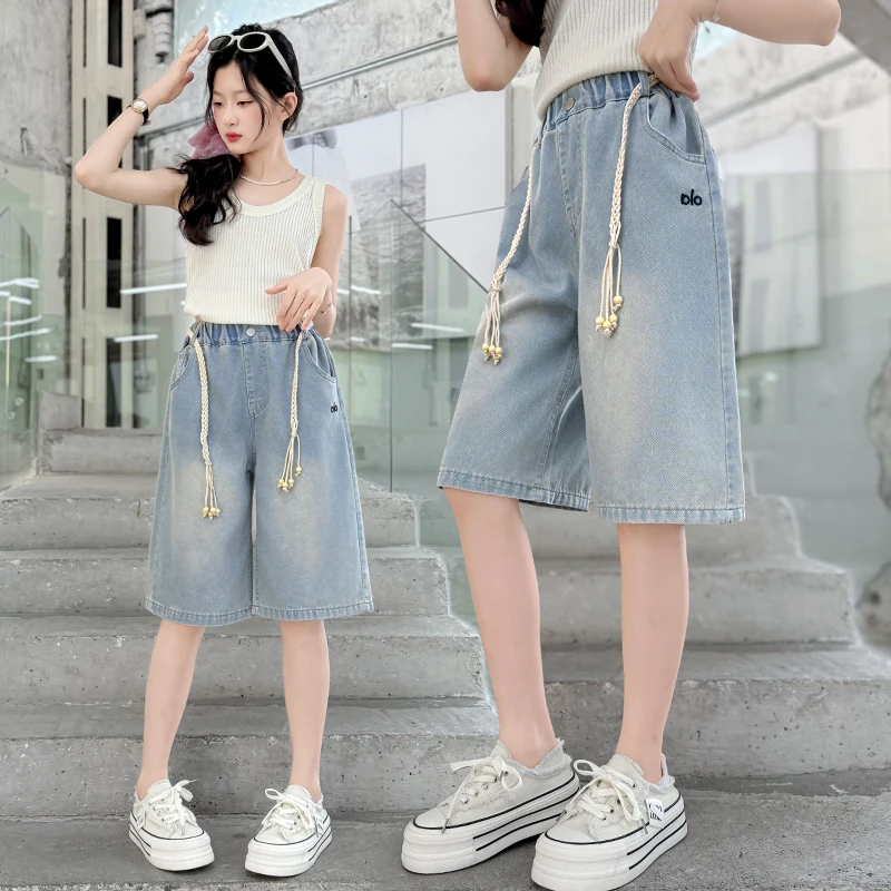 

Stylish Children Blue Denim Shorts with Belt for Teenage Girls Casual Street Bottom Pants Kids Casual Knee Length Summer Shorts