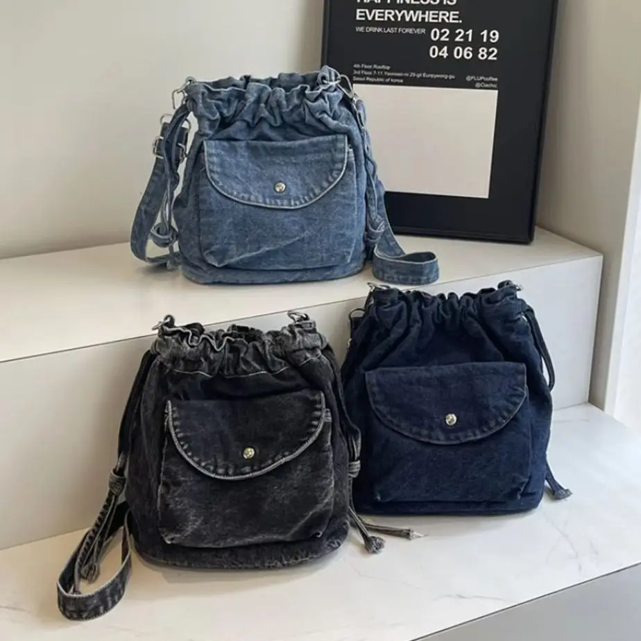 

Japanese Retro Denim Small Crossbody Bag Women Casual Versatile Drawstring Cotton Bag Fashion Student Shoulder Bags