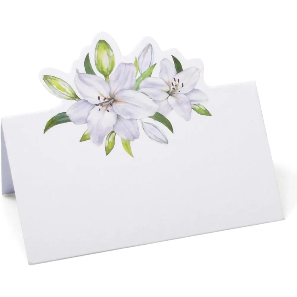 

Gift Boutique 100 Lilies Place Cards White Floral Flower Wedding Seating Name Card Table Setting Folded Tent Cards 2 x 3.5 Inche