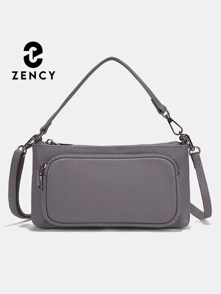 

Zency Women's Grey Shoulder Bag Crossbody Multi-pockets Leather Handbag Genuine Cowhide Satchels 2025 Designer Purses Sac