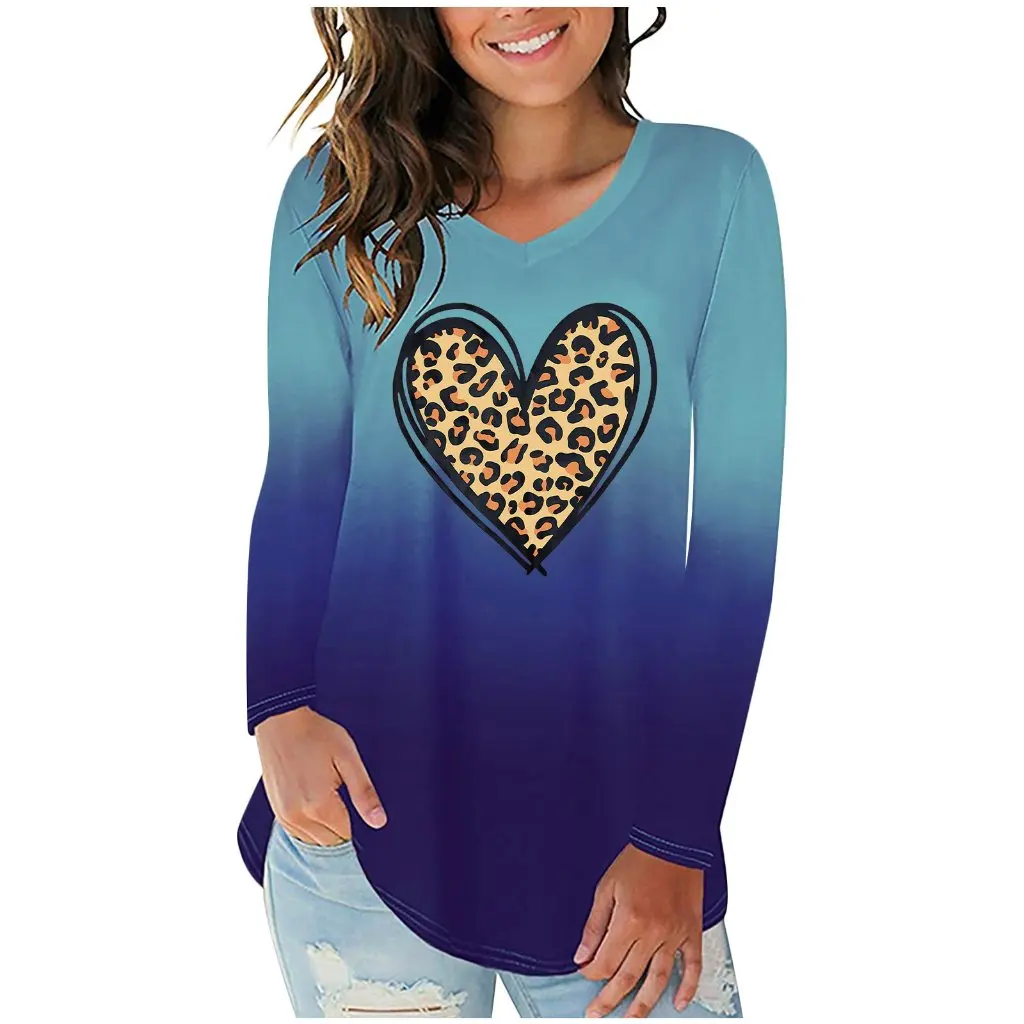

Women's Gradient Leopard Print Love Print V-Neck Long Sleeve T-Shirt Irregular Hem European American Style Top