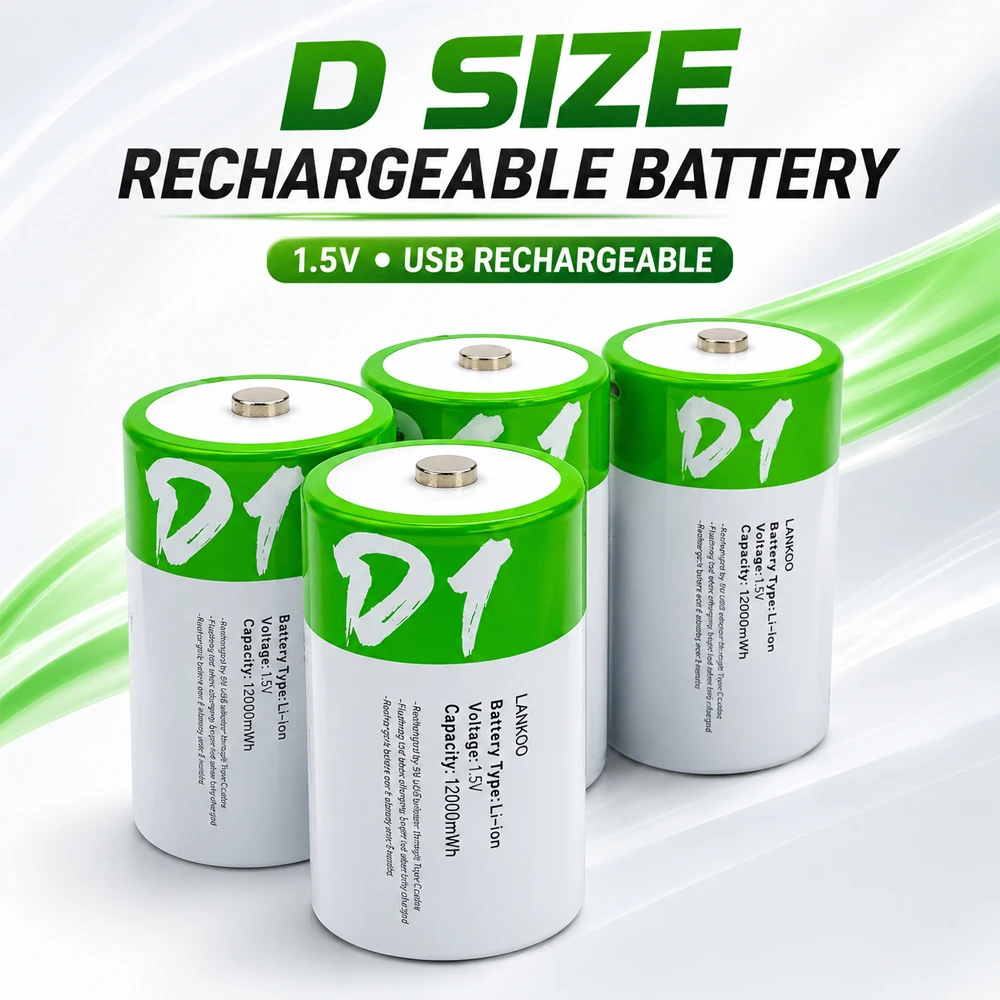 R20 1.5V 12000mWh USB Rechargeable Li-ion Battery D Size with Type-C Cable for Flashlight Gas Appliances LR20