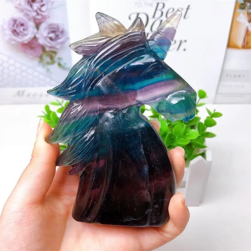 Natural Rainbow Fluorite Unicorn Crystal Carving Statue As Gifts Or Used For Decoration Of Domestic Rooms 1pcs