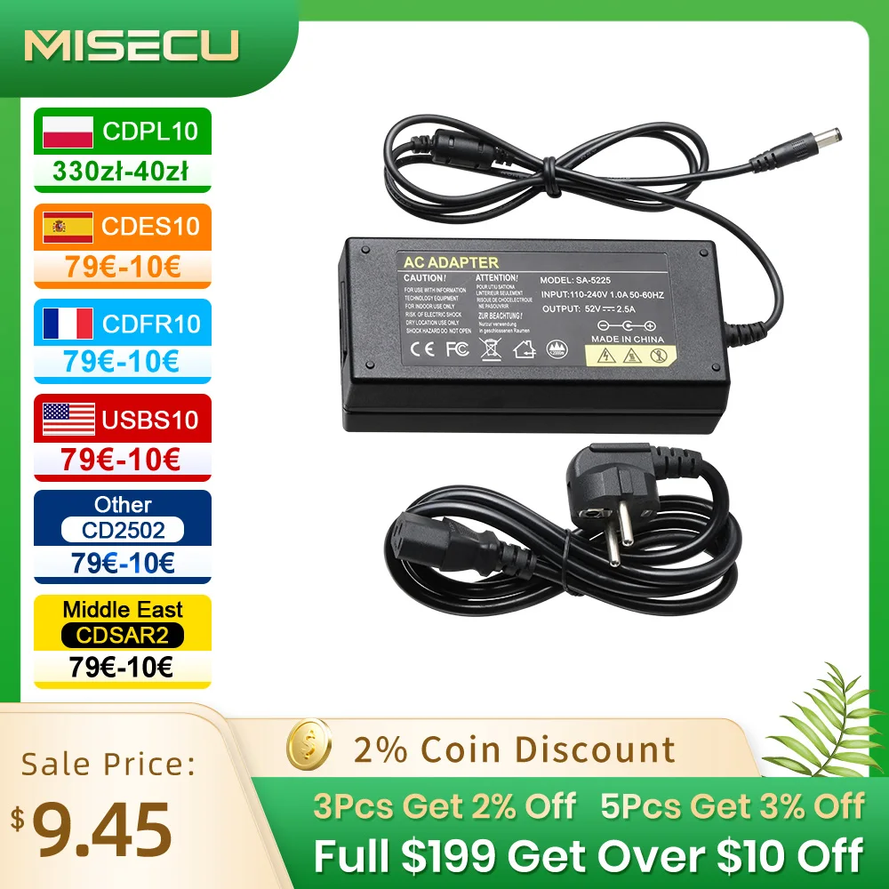 Misecu 52V 2.5A Power Supply AC 100-240V Power Adapter wall charger DC 5.41mm EU/AU/UK/US Plug For Security CCTV POE NVR