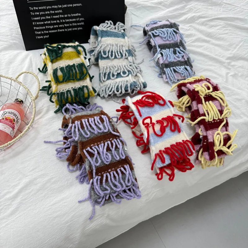 

Dopamine Korean Version Long Striped Scarf With Hanging Beard Manual Hand Rolled Knitting Women Lady Winter Warm Windproof Shawl