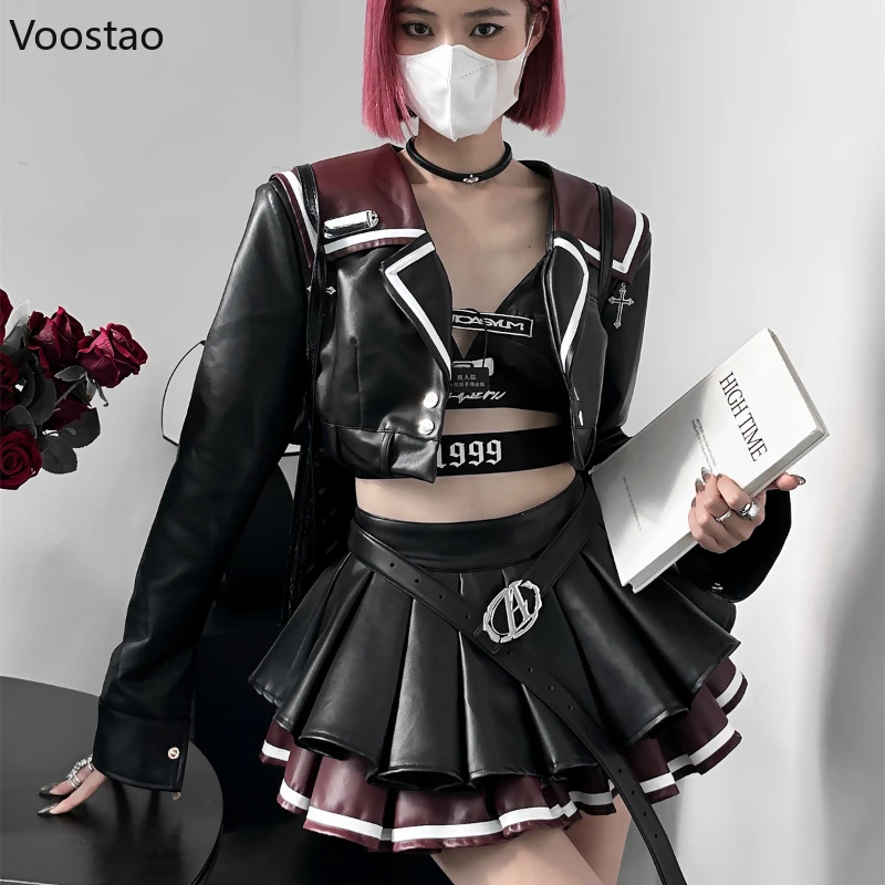 Sexy Gothic Pu Leather Skirt Sets Women Casual Y2k Moto Biker Short Jackets Mini Pleated Skirt Suit Female Korean 2 Piece Set