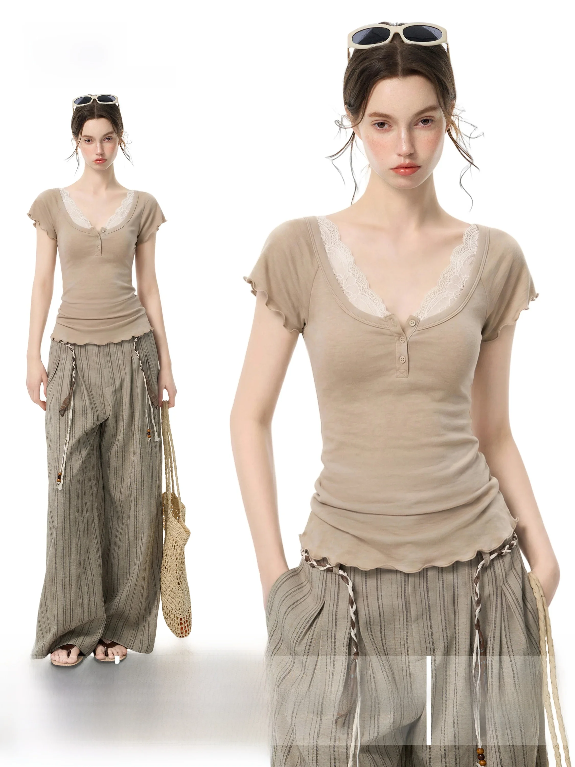 Oatmeal Short Sleeve U-Neck T-Shirt Women's Summer Slimming Design Wood Grain  Short Shoulder Line Fashionable Top