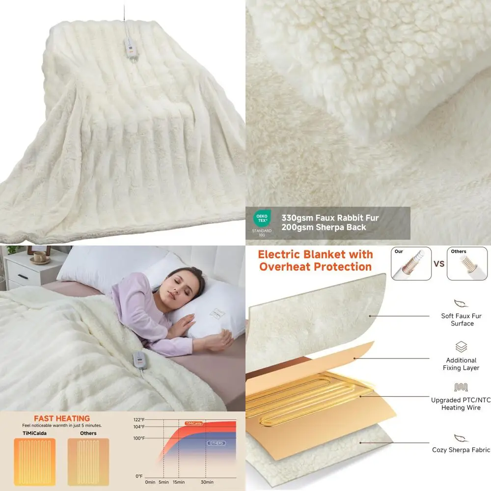

62x84 Twin Size Soft Plush Electric Blanket with 5 Heat Settings & 4-Hour Auto-Off, Cream