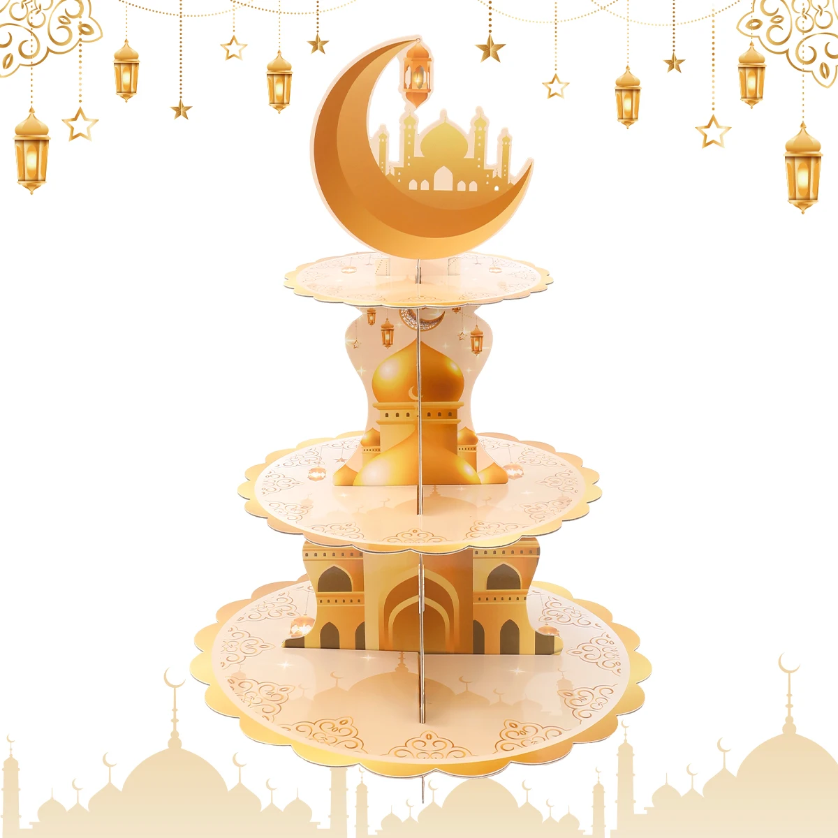 

3 Tier Eid Mubarak Cardboard Cake Stand Foldable Cupcake Candy Dessert Display Tower White Gold Eid Al-Fitr Theme Party Decor