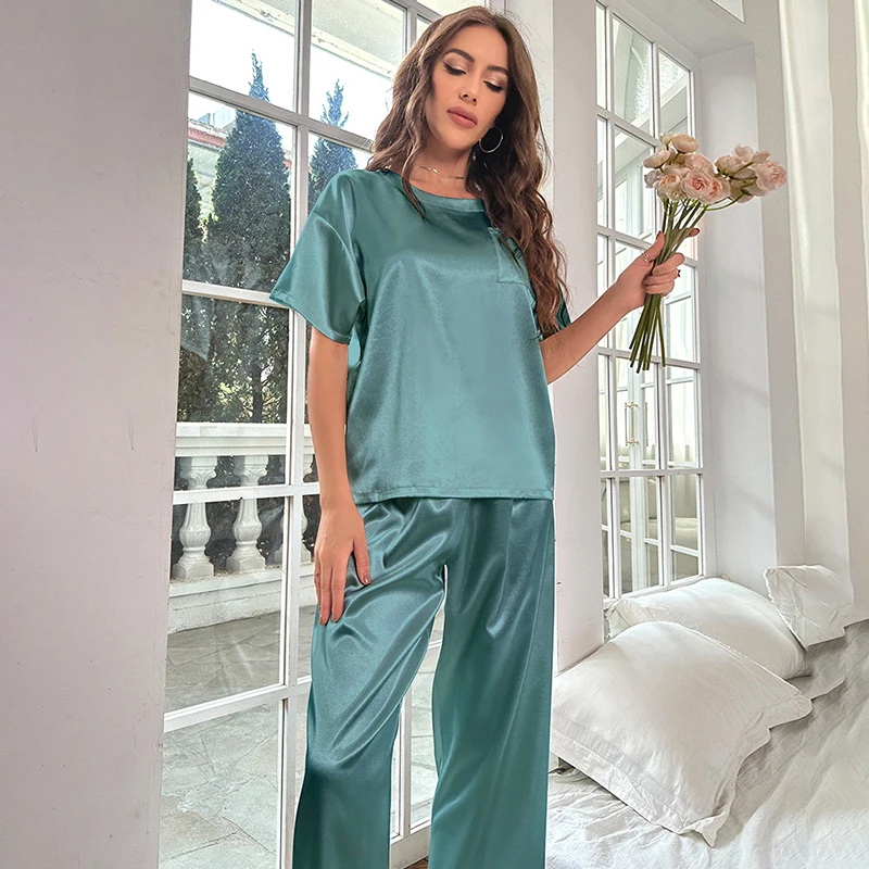 Silk Pajamas For Women Home Suit Short Sleeved Long Pants Pyjama Two Piece Set Satin Nightwear Sleepwear Pijama Mujer Loungewear
