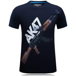 Men's Summer Personality Short Sleeve T-shirt Ak 47 Gun Printed Army Fan Tough Guy Wind Speed Dry O Neck Shirt Punk Large Top