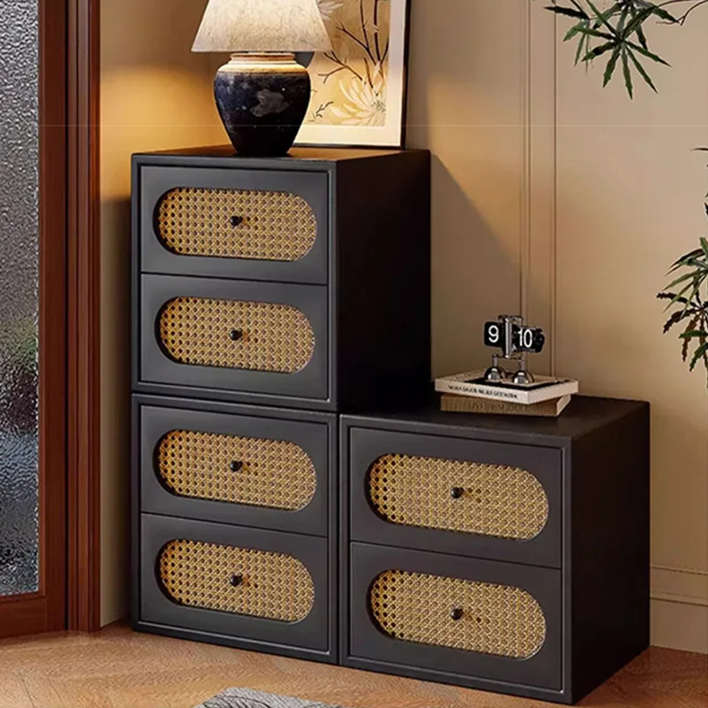 Vintage Rattan Bedside Cabinet Mid-Century Storage Box Bedroom Side Table with Drawer Decorative Shelf Bedroom Furniture