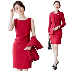 Robe blazer rouge à manches longues pour femmes, mini robe mince, olympiques élégants pour dames de bureau, nouvelle mode, ensembles de 2 pièces, 2023