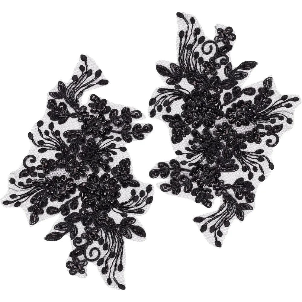 2Pcs Pearl Flower Embroidery Lace Patches 3D Floral Black Floral Embroidered Sew on Appliques Lace Fabric Trimmings making kit