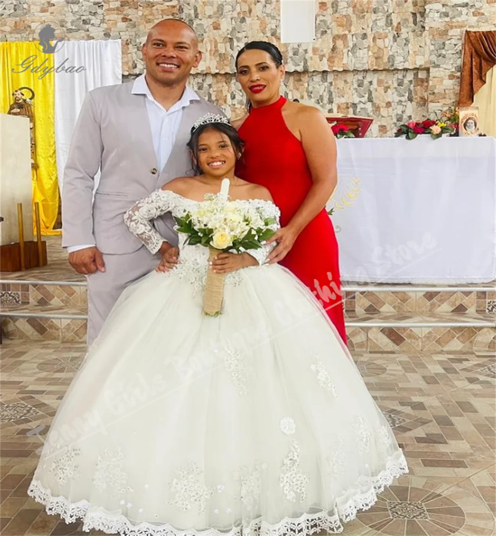 فستان فتاة الزهور المنفوش مزين بالدانتيل العاجي مع مسابقة ملكة جمالية طويلة مناسب للفتيات في حفلات أعياد الميلاد #1