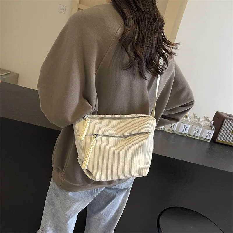 Japanese Corduroy Simple Sports Small Satchel Women's Solid Color Large-capacity Shoulder Bag Cross-border Versatile Breast Bag